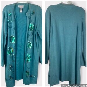 Victor Costa Sz L Silk, Angora Rabbit Hair, Long Line Blue Sequined Sweater